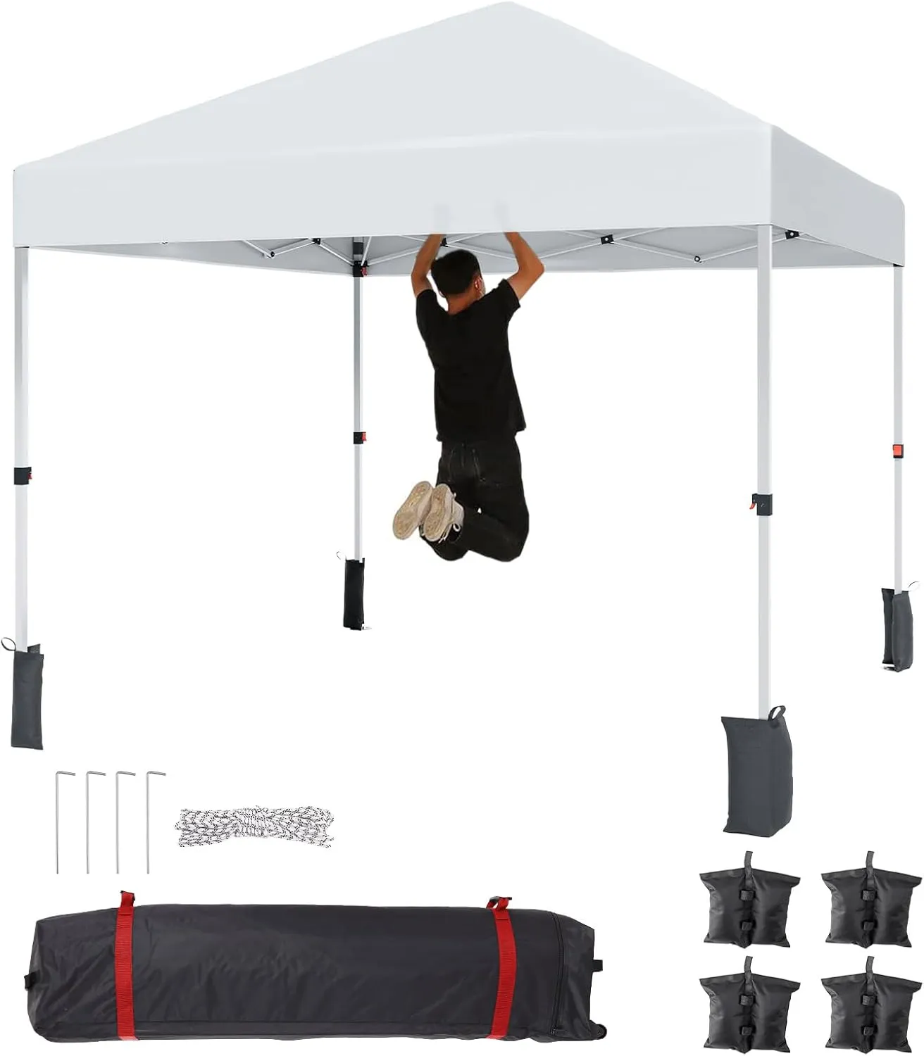 10 * 10FT Instant Pop Up Canopy Tent for One Person Setup,Pop Up Commercial Canopy Tent,Outdoor Easy Up Tent w/1-Button Push,Wheeled Bag,4 Sandbags,Bonus 8 Stakes and 4 Ropes-White