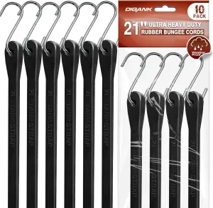 10 Pack 21" Heavy Duty Bungee Cords with Hooks Metal S Hooks, EPDM Outdoor Tarp Straps for Securing Cargo, Tarps, Canvases in All Weather- Max Stretch 1.5X, Load 180 lbs