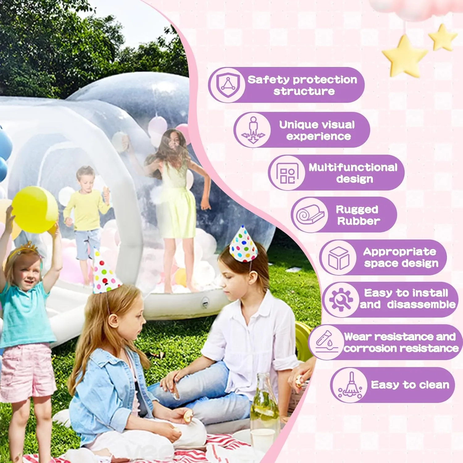10.5 FT Inflatable Bubble House Double Jumper Dome for Kids, PVC Inflatable Double Layer Bubble House Tent with Tunnel, Bubble Balloon House with Air Blower, Air Pump for Party (Clear, 10.5FT)