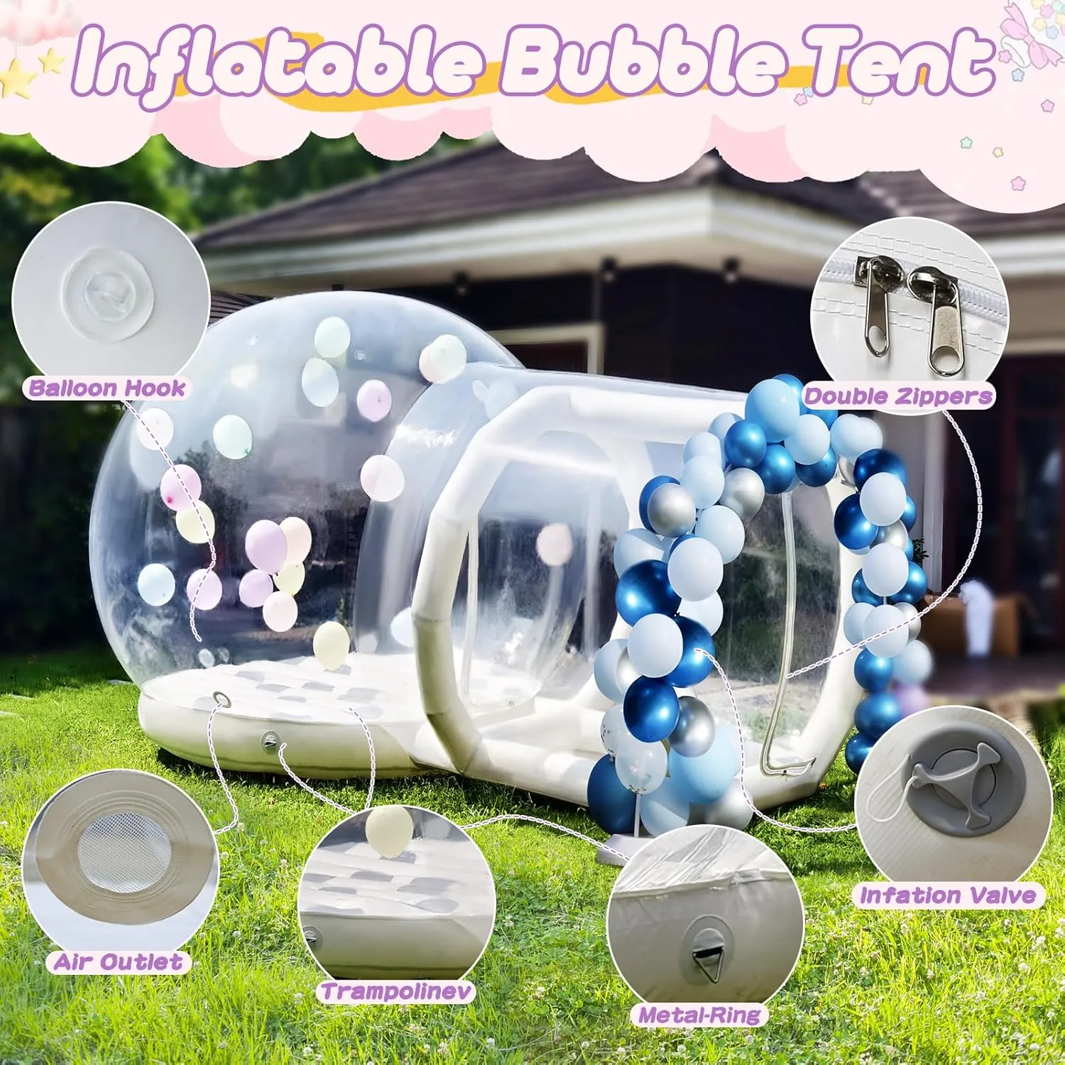 10.5 FT Inflatable Bubble House Double Jumper Dome for Kids, PVC Inflatable Double Layer Bubble House Tent with Tunnel, Bubble Balloon House with Air Blower, Air Pump for Party (Clear, 10.5FT)