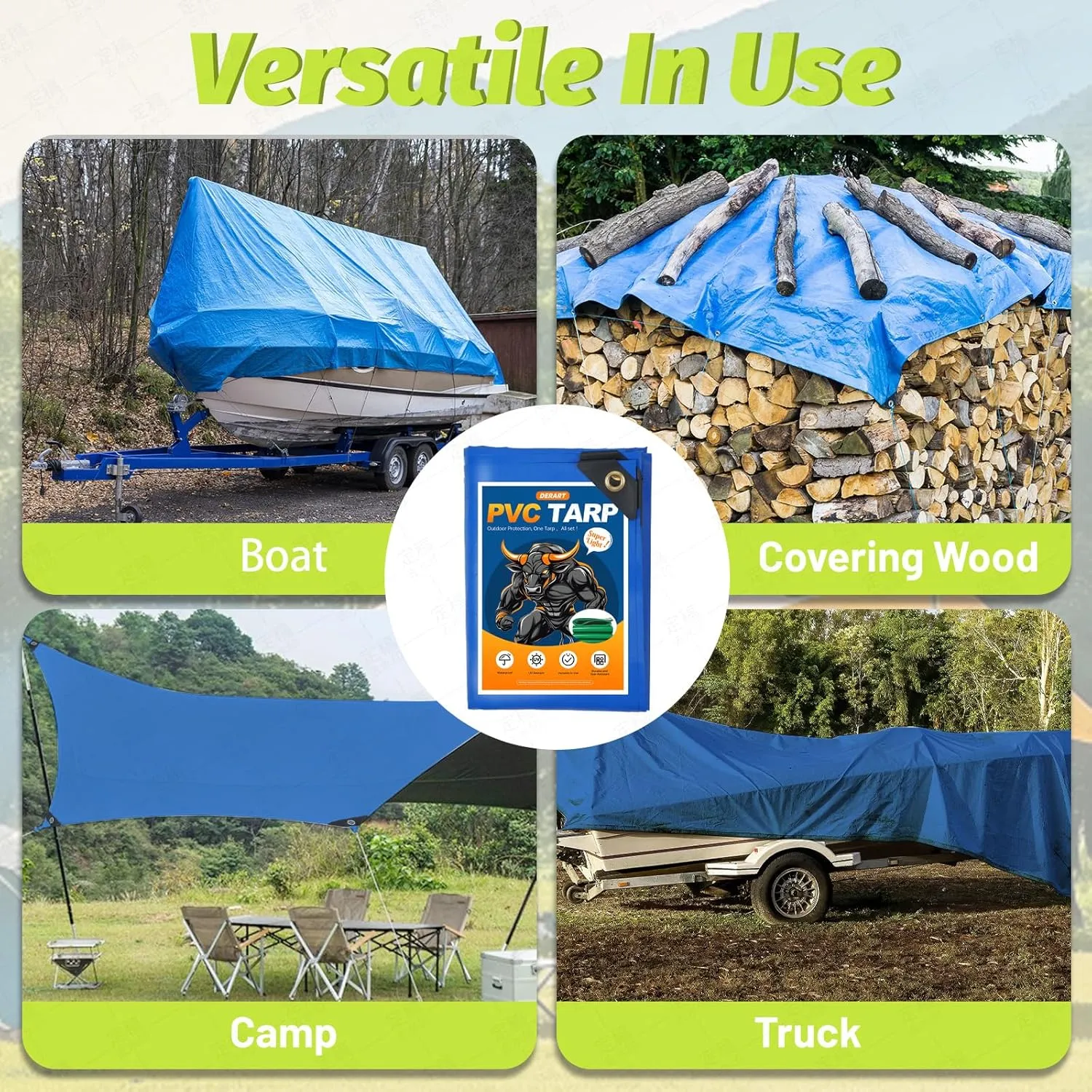 10.6 Mil Lightweight Heavy Duty PVC Tarp - Waterproof, UV Resistant & Tear Proof - with Reinforced Grommets - for Truck, Boat, Camping, RV (Blue, 8‘x10’)