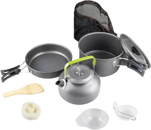 10pcs Camping Cookware Mess Kit, Camping Cookware Set for 2-3 Person,Camping Mess Kit with Kettle,Camping Pot Pan Set with Chopping Board Folding Tableware for Camping Hiking Bcakpacking