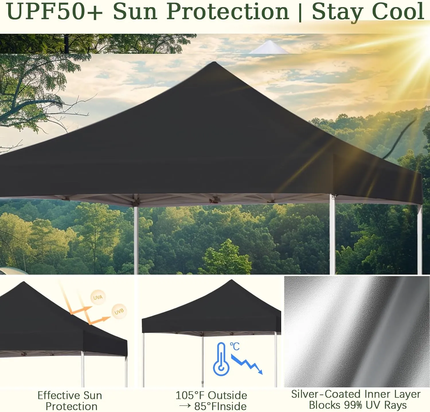10x10 Canopy Replacement Top Cover for Pop Up Canopy Tent, Industry-Leading 3000mm Water Resistance, 500D Heavy Duty Waterproof with Silver Coating, UV Protection, 4 Sandbags, Black
