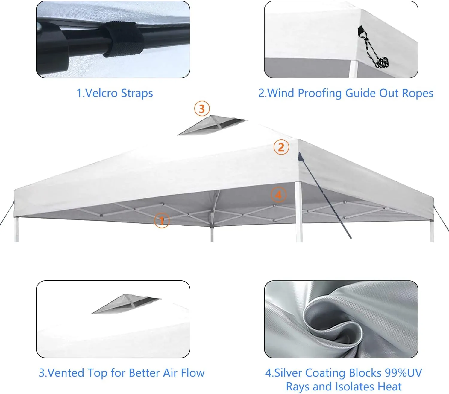 10x10 Canopy Replacement Top Cover,Pop Up Canopy Tent Top with Air Vent Ropes, Waterproof Sunshade Silver Coated Oxford Cloth for Garden Patio Picnic Camping (Silver-Coated White-Top only)