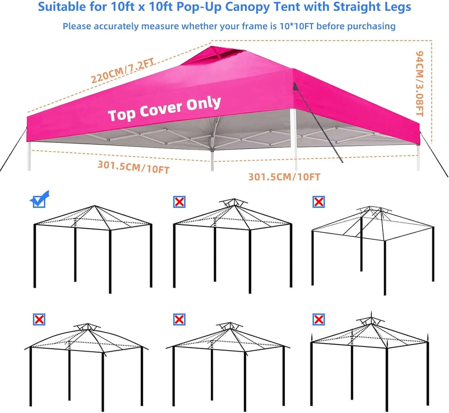 10x10 Canopy Replacement Top Cover,Pop Up Canopy Tent Top with Air Vent Ropes, Waterproof Sunshade Silver Coated Oxford Cloth for Outdoor Garden Patio Picnic Camping(Top Only,301 * 301cm)