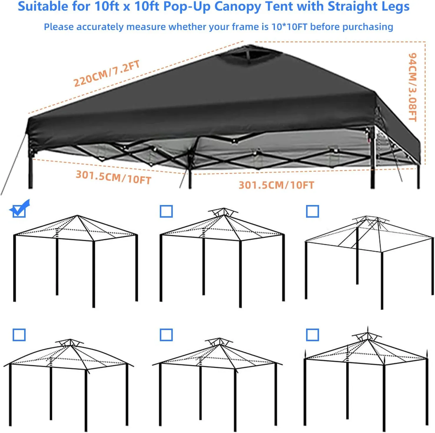 10x10 Canopy Replacement Top Cover,Pop Up Canopy Tent Top with Air Vent Ropes, Waterproof Sunshade Silver Coated Oxford Cloth for Outdoor Garden Patio Picnic Camping(Top Only,301 * 301cm)