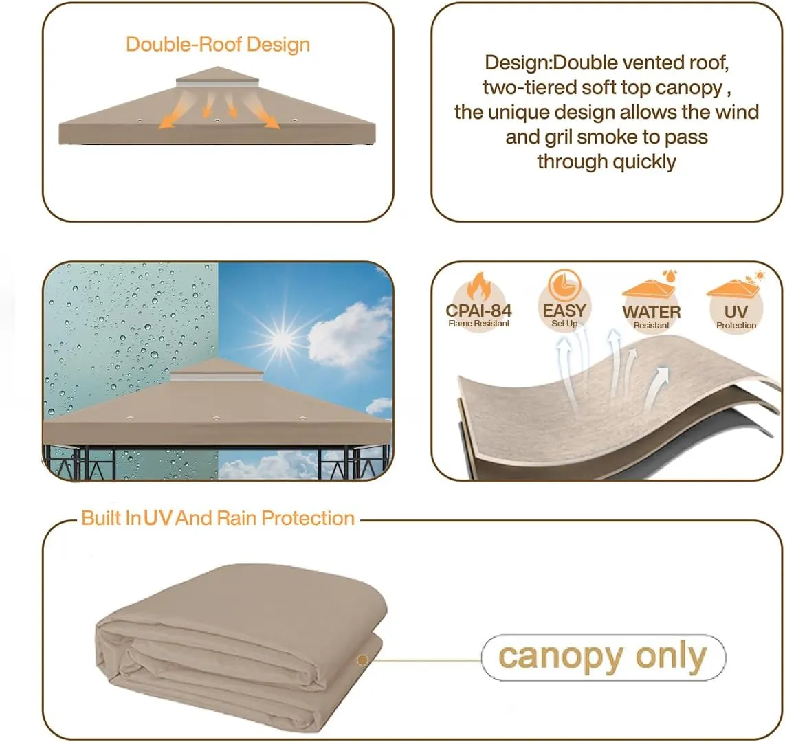 10x10 Canopy Replacement Top Double Tiered Gazebo Cover for Yard, Patio & Garden Durable Sunshade Replacement(Khaki)