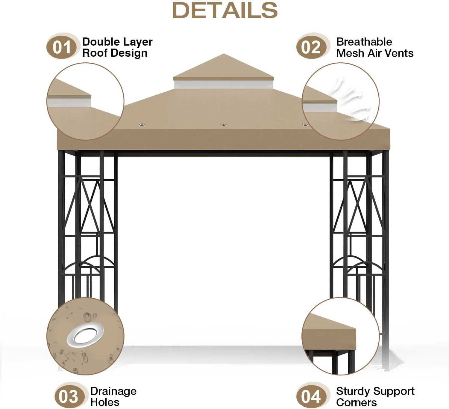 10x10 Canopy Replacement Top Double Tiered Gazebo Cover for Yard, Patio & Garden Durable Sunshade Replacement(Khaki)