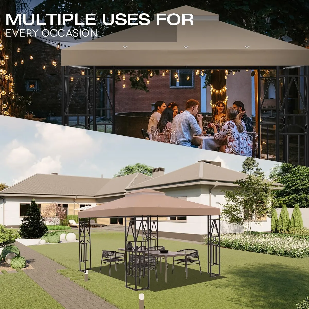 10x10 Canopy Replacement Top Double Tiered Gazebo Cover for Yard, Patio & Garden Durable Sunshade Replacement(Khaki)