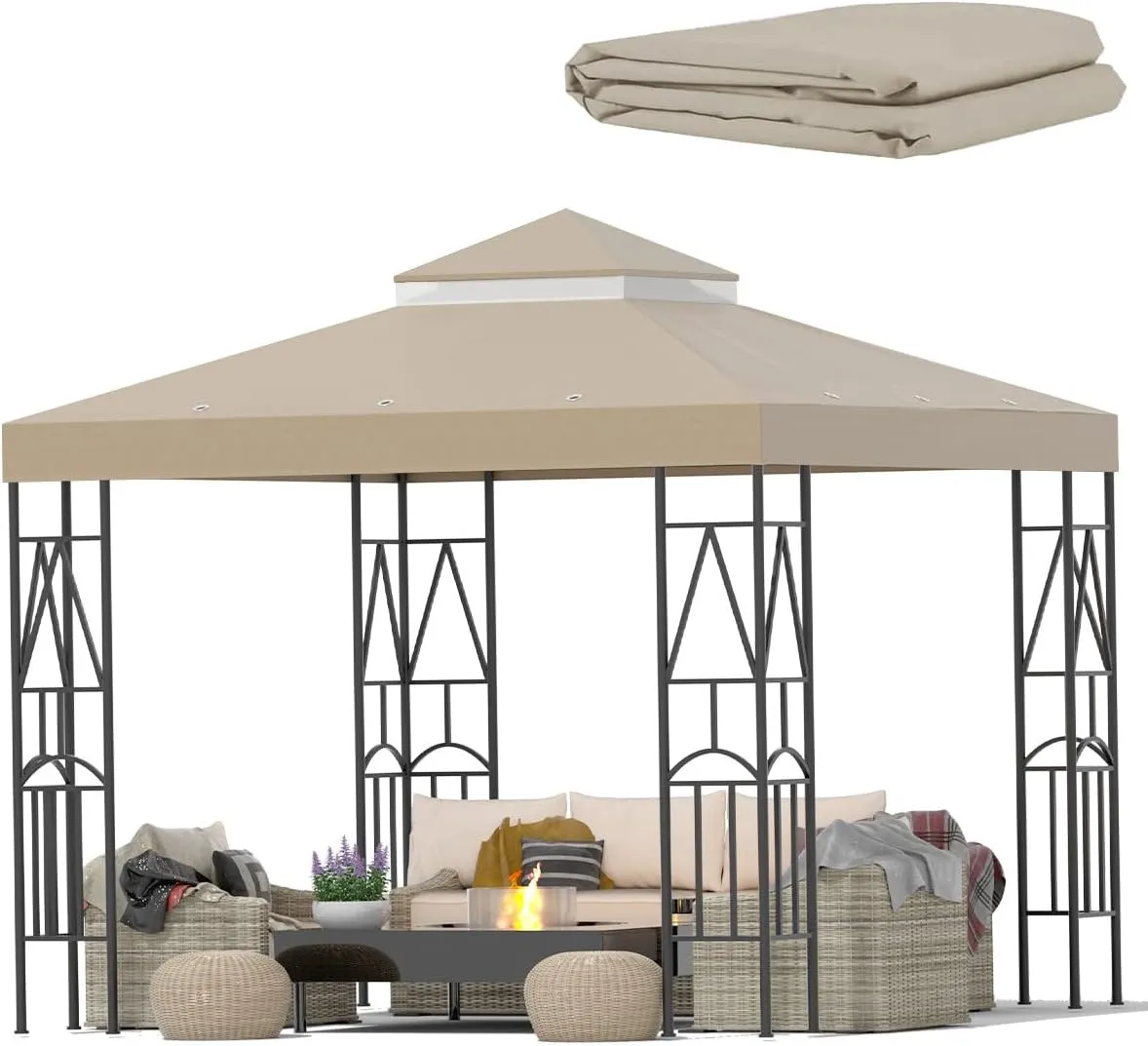 10x10 Canopy Replacement Top Double Tiered Gazebo Cover for Yard, Patio & Garden Durable Sunshade Replacement(Khaki)