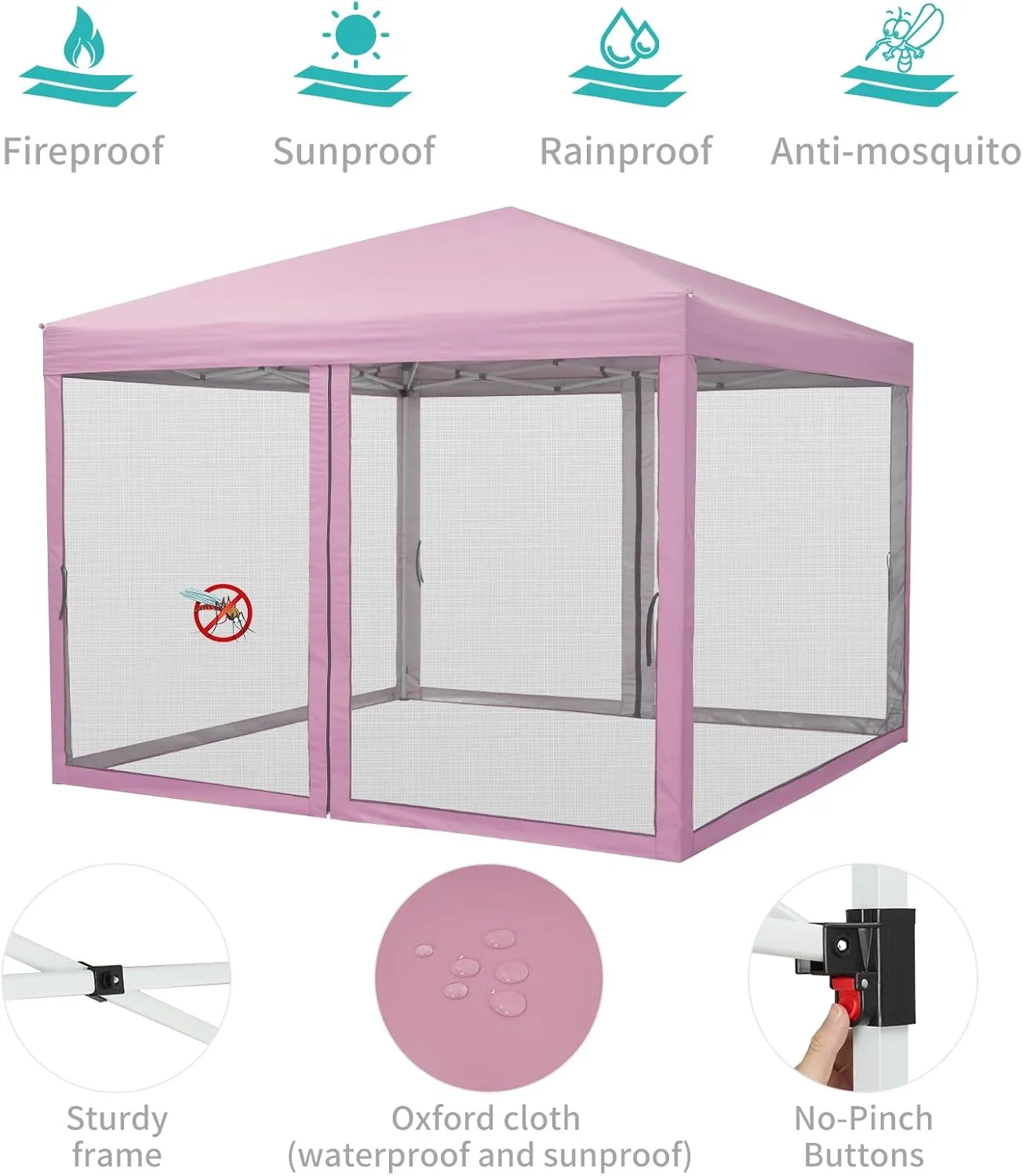 10x10 Canopy Tent, Heavy Duty Pop Up Canopy with Mosquito Netting, Waterproof Easy Up Screen Shelter with Wheeled Bag, Outdoor Instant Sun Shade for Parties, Camping, Events, Pink