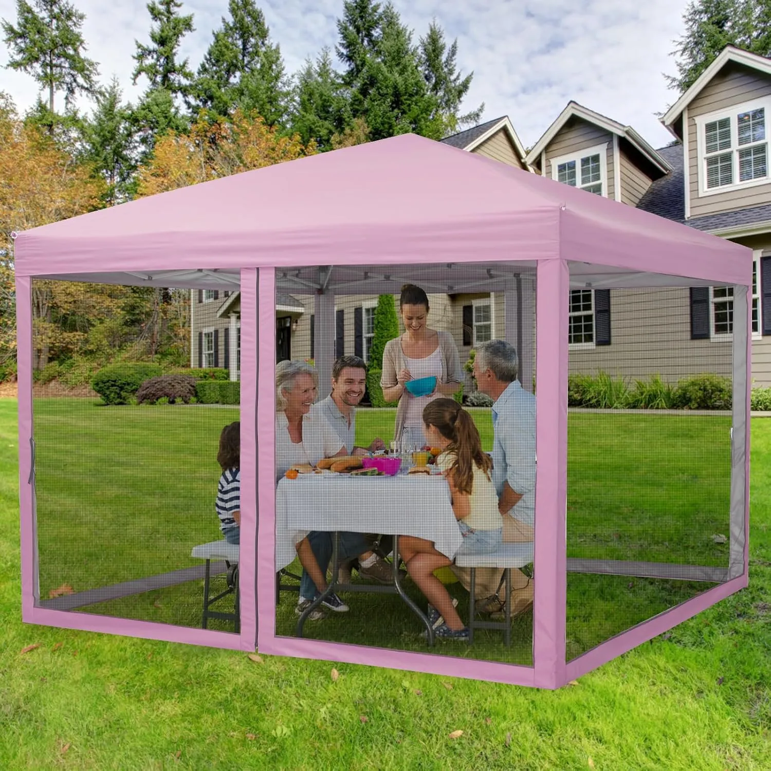 10x10 Canopy Tent, Heavy Duty Pop Up Canopy with Mosquito Netting, Waterproof Easy Up Screen Shelter with Wheeled Bag, Outdoor Instant Sun Shade for Parties, Camping, Events, Pink