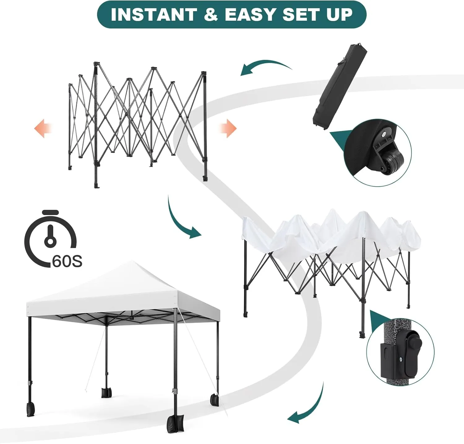10x10 Ft Pop Up Canopy Tent, Portable Heavy Duty Commercial Canopy with Wheeled Carry Bag, 4 Sandbags, UV Protection, Instant Water-Proof Canopy for Outdoor Parties, White