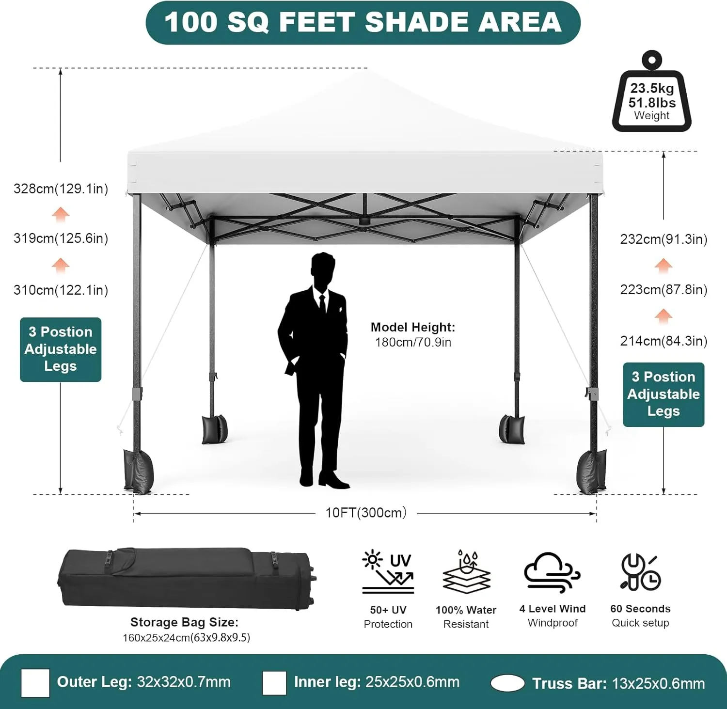 10x10 Ft Pop Up Canopy Tent, Portable Heavy Duty Commercial Canopy with Wheeled Carry Bag, 4 Sandbags, UV Protection, Instant Water-Proof Canopy for Outdoor Parties, White