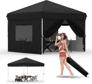 10x10 Pop Up Canopy Tent Outdoor Canopy with 4 Removable Sidewalls One-Person Set Up Heavy Duty Commercial Instant Tent Shelter-Black