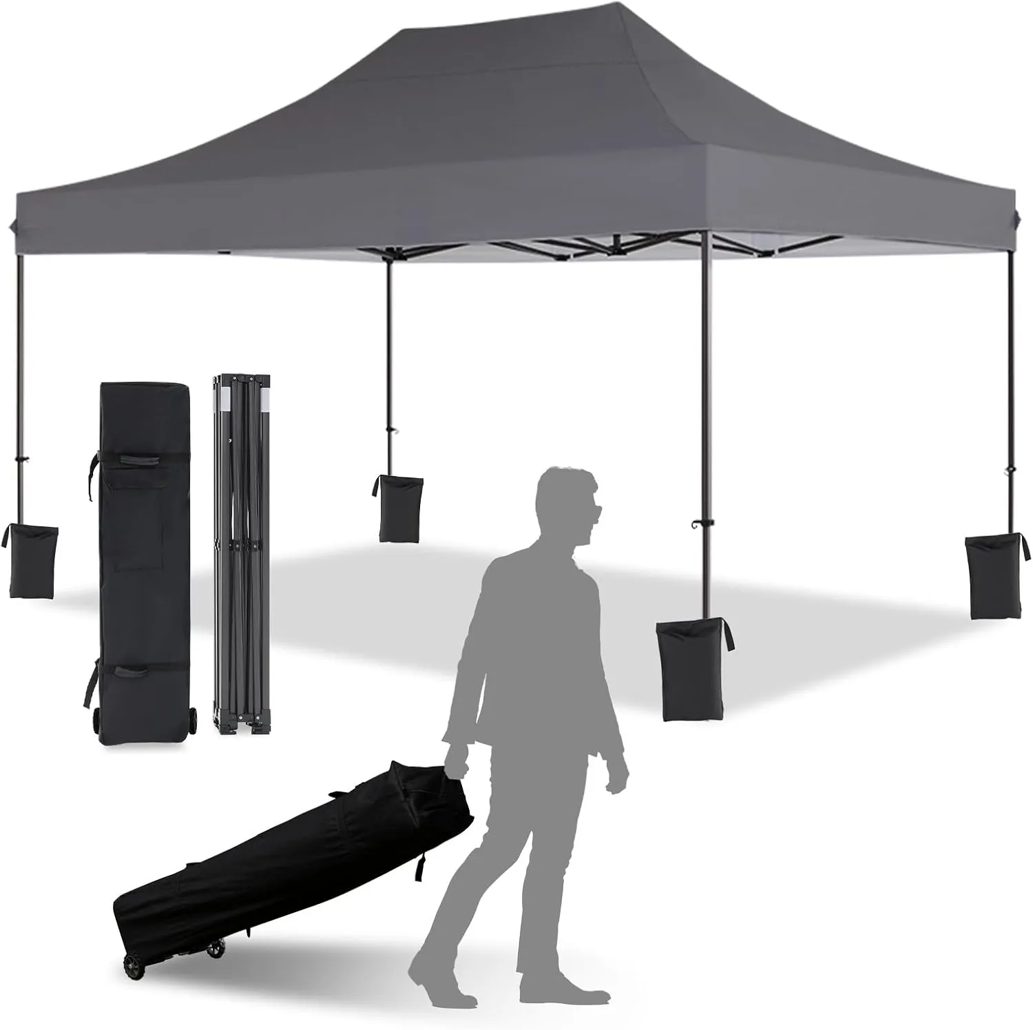 10x15 Canopy Tent with Roller Bag, Easy Up Pop Up Tent, 300D Silver-Coating Outdoor Shelter, 4 Stakes & 4Sandbags & 4 Ropes, Grey