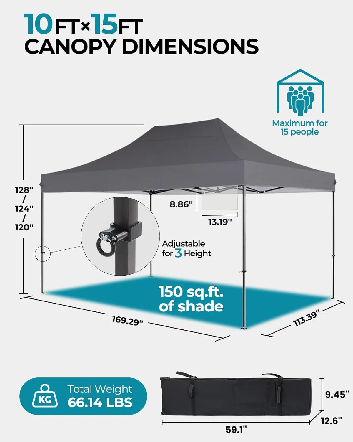 10x15 Canopy Tent with Roller Bag, Easy Up Pop Up Tent, 300D Silver-Coating Outdoor Shelter, 4 Stakes & 4Sandbags & 4 Ropes, Grey