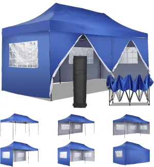 10'x20' Pop Up Canopy, Folding Party Tent with 5 Removable Sidewalls, Heavy Duty Outdoor Commercial Instant Gazebo with Wheeled Bag, Blue.