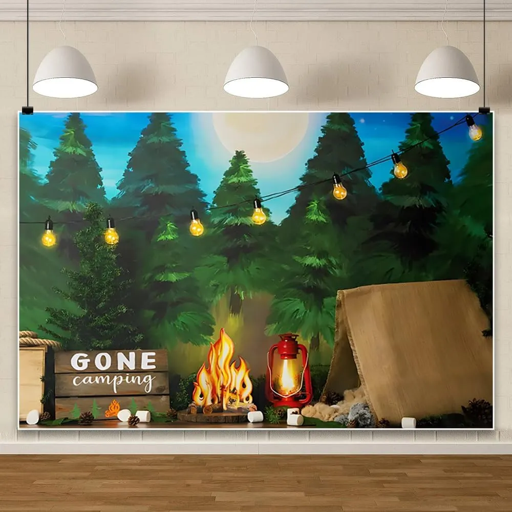 10x8ft Gone Camping Backdrop Jungle Forest Cartoon Photography Background Jungle Adventure Backdrop Tent Bonfire Background Birthday Class Shoot Party Supplies Photography Decoration Studio Props