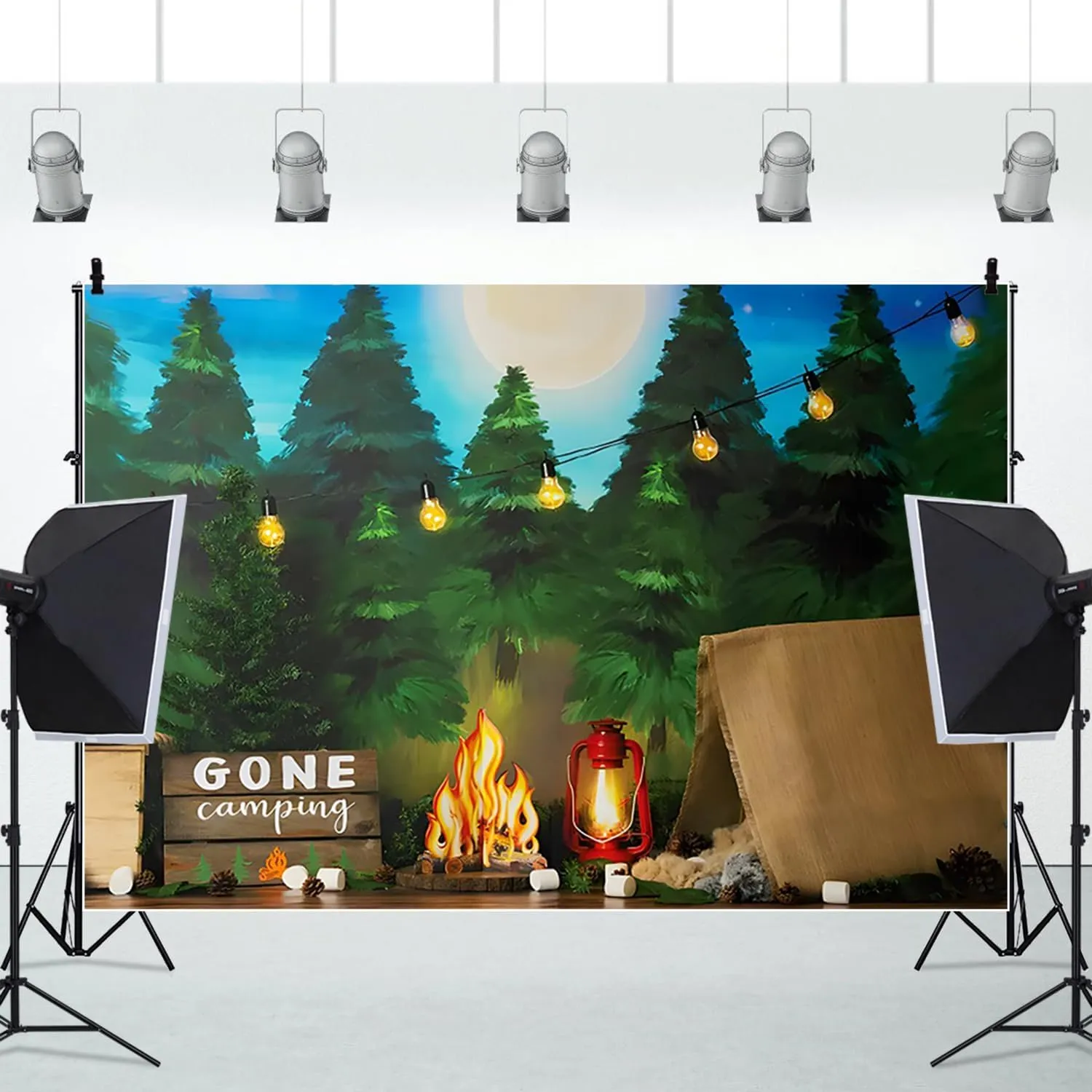 10x8ft Gone Camping Backdrop Jungle Forest Cartoon Photography Background Jungle Adventure Backdrop Tent Bonfire Background Birthday Class Shoot Party Supplies Photography Decoration Studio Props