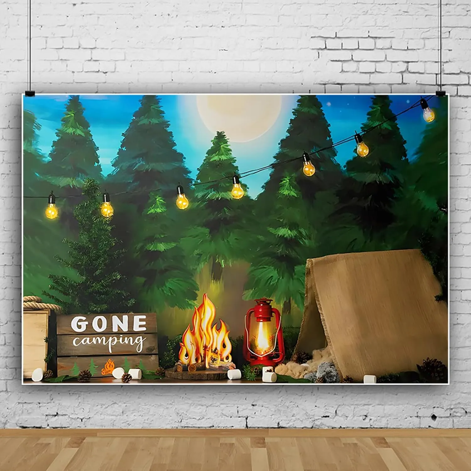 10x8ft Gone Camping Backdrop Jungle Forest Cartoon Photography Background Jungle Adventure Backdrop Tent Bonfire Background Birthday Class Shoot Party Supplies Photography Decoration Studio Props