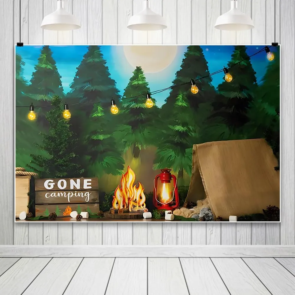 10x8ft Gone Camping Backdrop Jungle Forest Cartoon Photography Background Jungle Adventure Backdrop Tent Bonfire Background Birthday Class Shoot Party Supplies Photography Decoration Studio Props
