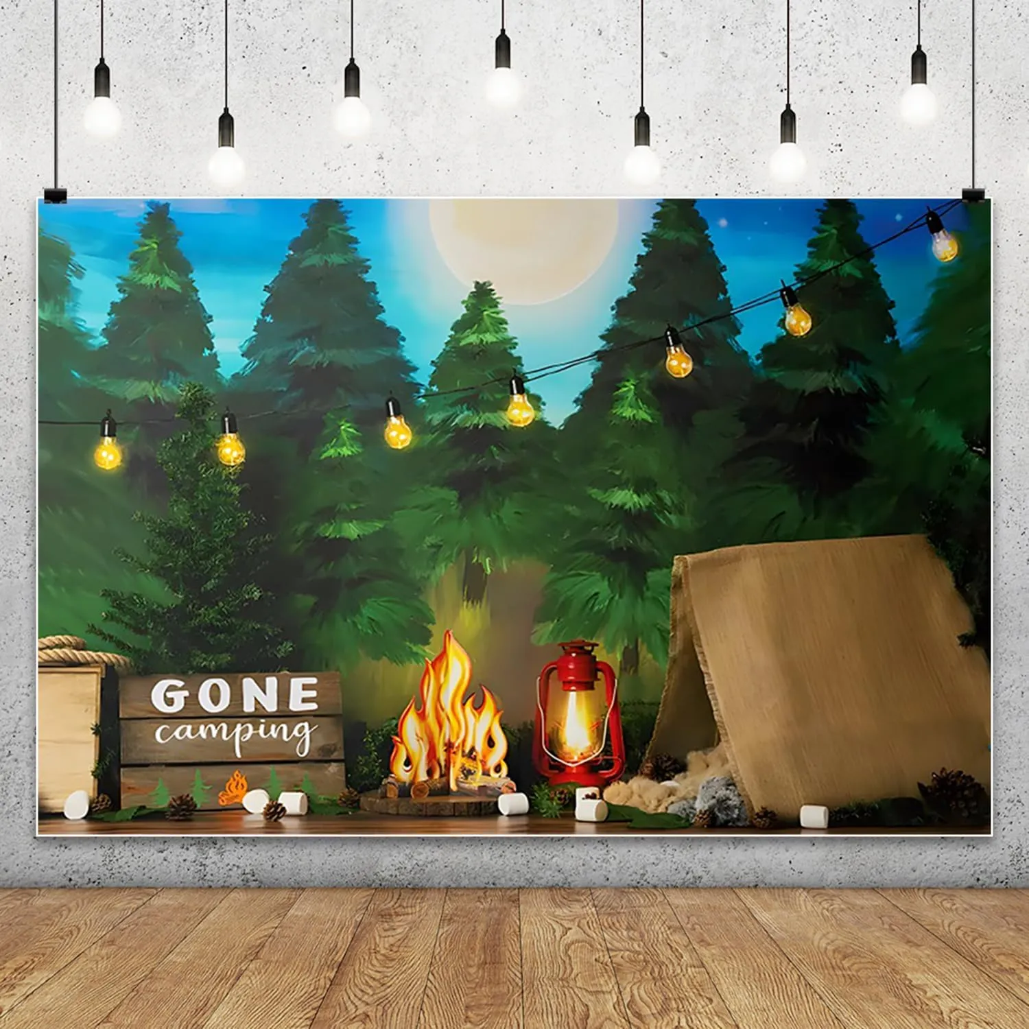 10x8ft Gone Camping Backdrop Jungle Forest Cartoon Photography Background Jungle Adventure Backdrop Tent Bonfire Background Birthday Class Shoot Party Supplies Photography Decoration Studio Props