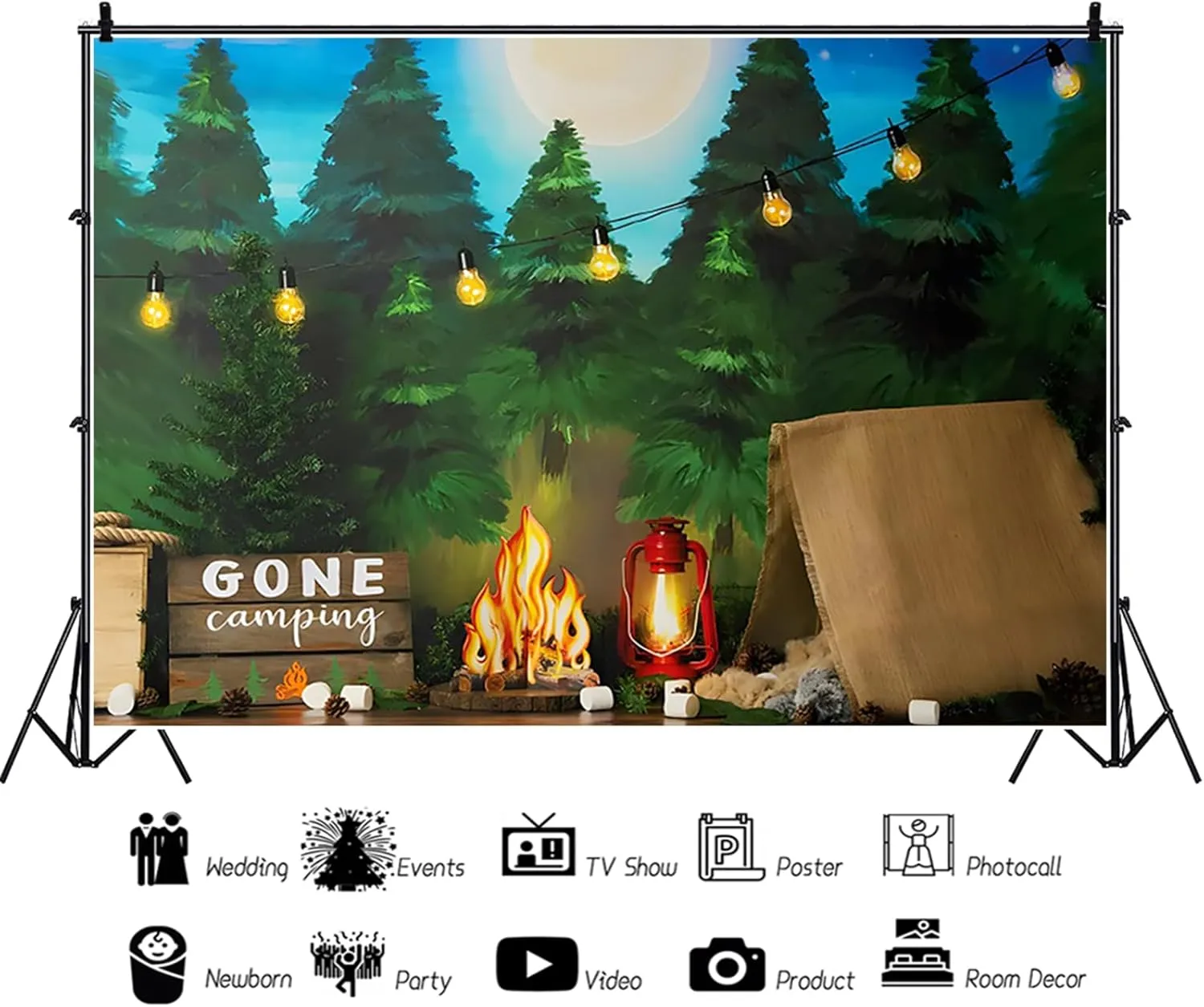 10x8ft Gone Camping Backdrop Jungle Forest Cartoon Photography Background Jungle Adventure Backdrop Tent Bonfire Background Birthday Class Shoot Party Supplies Photography Decoration Studio Props