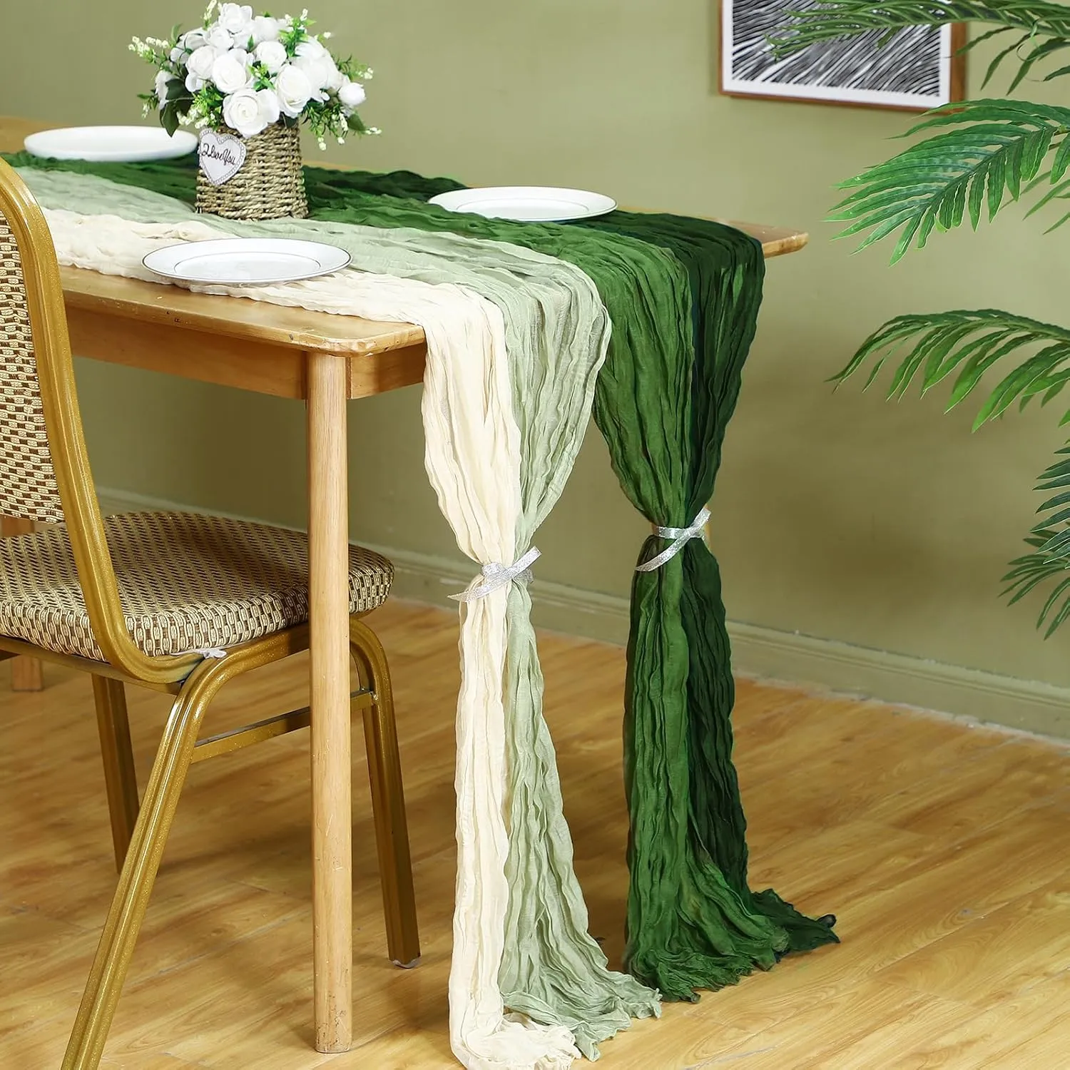 12 Pcs Cheesecloth Gauze Table Runners Boho Wedding Decor Rustic Sheer Runner for Wedding Table Bridal Shower Birthday Party Decorations(Gradient Green)