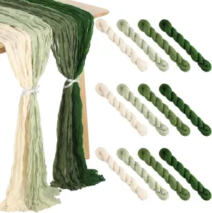 12 Pcs Cheesecloth Gauze Table Runners Boho Wedding Decor Rustic Sheer Runner for Wedding Table Bridal Shower Birthday Party Decorations(Gradient Green)