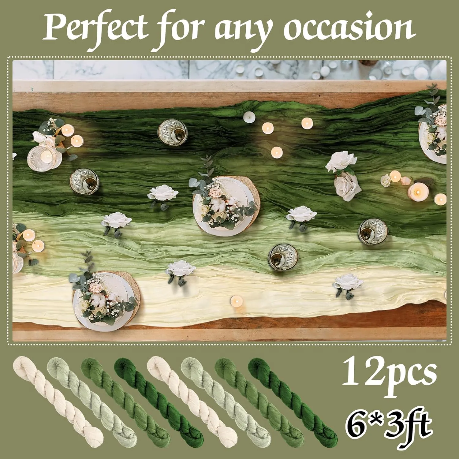 12 Pcs Cheesecloth Gauze Table Runners Boho Wedding Decor Rustic Sheer Runner for Wedding Table Bridal Shower Birthday Party Decorations(Gradient Green)