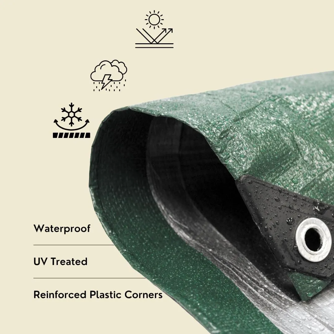 12' x 20' Heavy Duty Green/Silver Poly Tarp with Aluminum Grommets and Reinforced Corners, Waterproof, UV Resistant 8 Mil Protective Cover for Camping, Construction, Outdoor Use