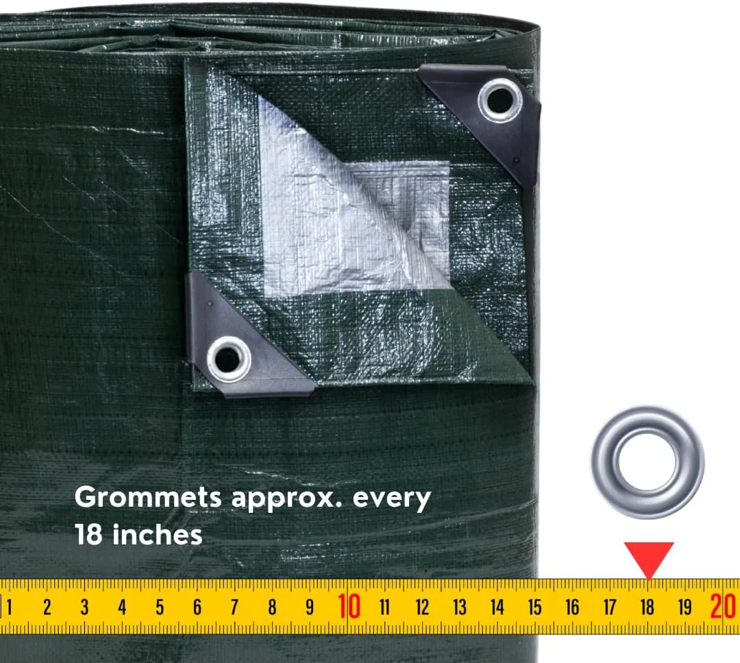 12' x 20' Heavy Duty Green/Silver Poly Tarp with Aluminum Grommets and Reinforced Corners, Waterproof, UV Resistant 8 Mil Protective Cover for Camping, Construction, Outdoor Use