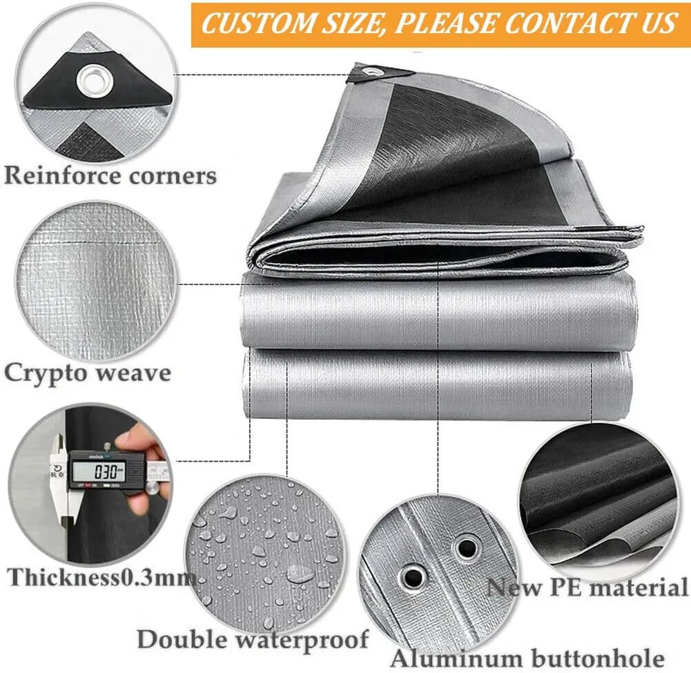 12 x 20ft Tarps Heavy Duty Thick Waterproof, Poly Canopy Silver   Black Tent Shelter Cover, 16 Mil Tarpaulin Shade, Rip and Tear Proof, UV Resistant Tarpaulin with Grommets and Reinforced Edges