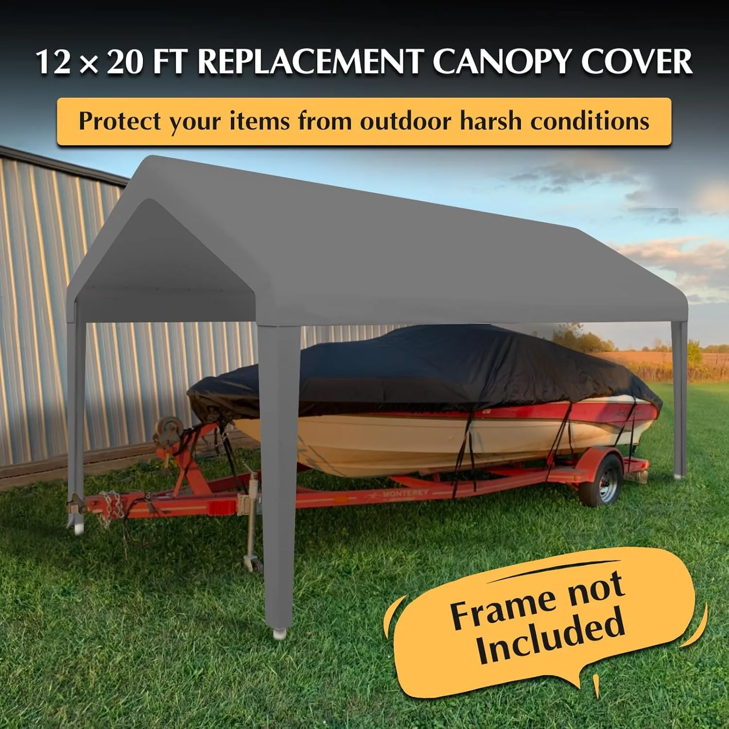 12x20 Canopy Replacement Cover, Carport Replacement Canopy Top Covers for 12' x 20' Frame, 800D Heavy Duty Waterproof & UV Protected Car Canopy with Ball Bungees (Frame is not Included) (Gray)