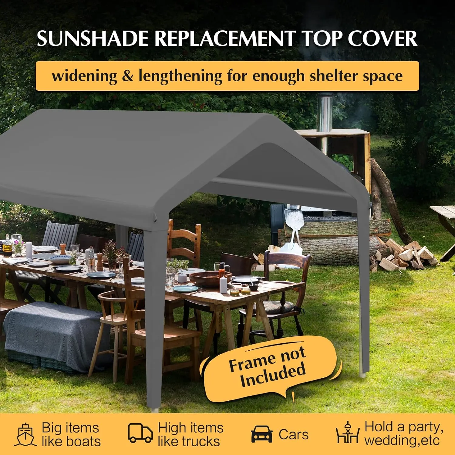 12x20 Canopy Replacement Cover, Carport Replacement Canopy Top Covers for 12' x 20' Frame, 800D Heavy Duty Waterproof & UV Protected Car Canopy with Ball Bungees (Frame is not Included) (Gray)