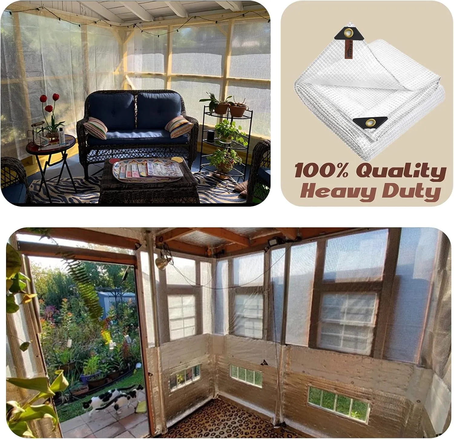 13 x 13Ft Heavy Duty Waterproof Tarps Reinforced Mesh Clear Tarp Cover Sheet & 6 PCS Bungee Balls