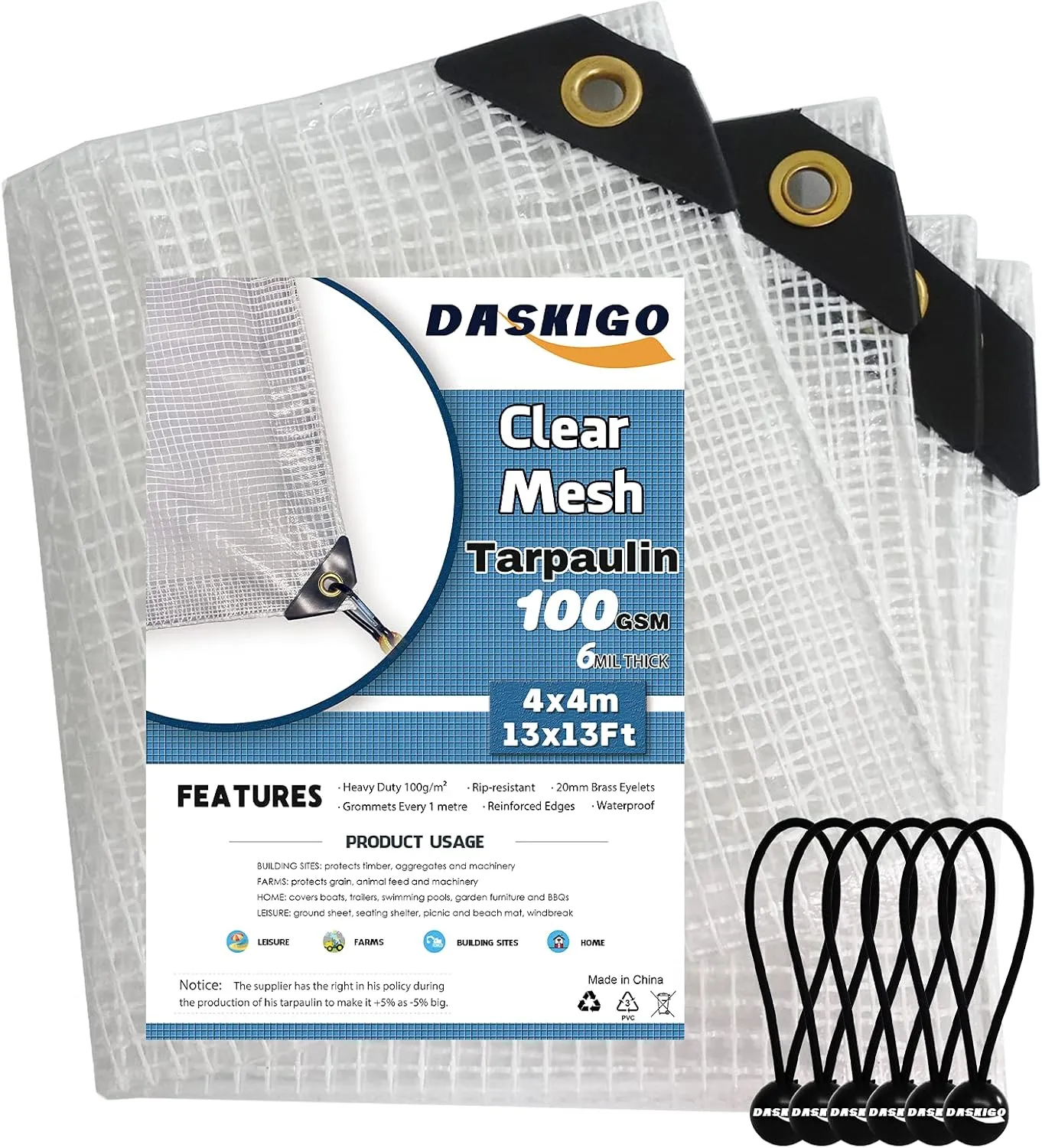 13 x 13Ft Heavy Duty Waterproof Tarps Reinforced Mesh Clear Tarp Cover Sheet & 6 PCS Bungee Balls