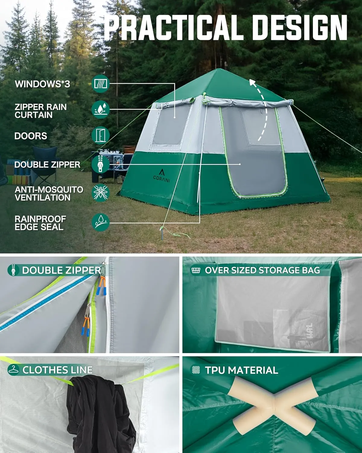 14.1'x6.5'x9' Inflatable Tents for Camping, Portable 6/8/10 Person Blow Up Air Tent, Waterproof Windproof Easy Setup Large Family Tent with 2 Doors, 6 Windows, Mosquito Screen