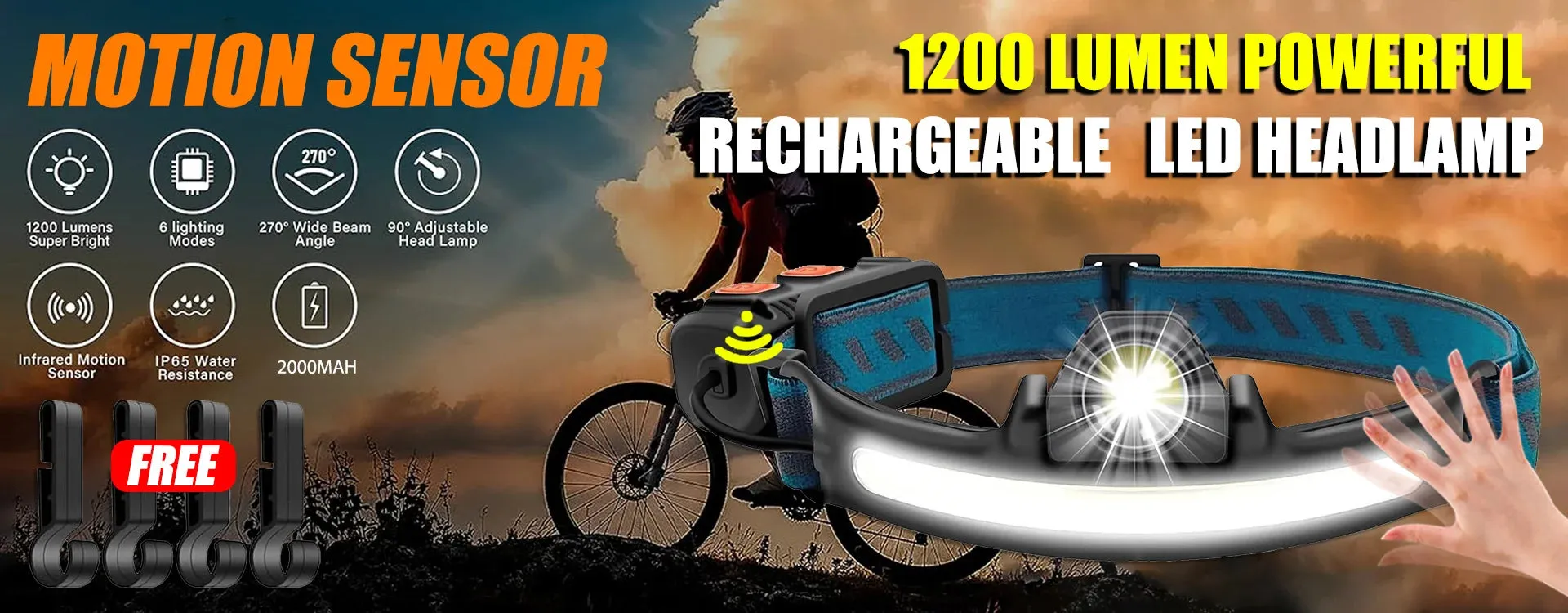1500lm High Power LED Headlamp, USB Rechargeable COB Flashlight, 7500mAh Battery, Camping & Fishing Torch Lantern
