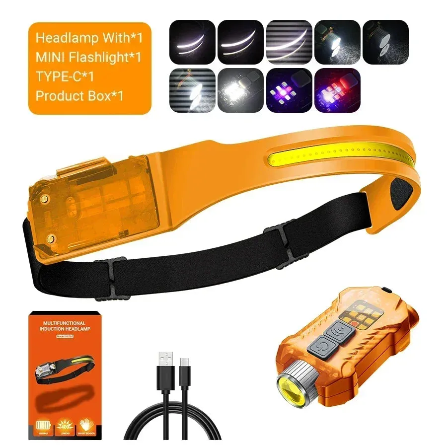 1500lm High Power LED Headlamp, USB Rechargeable COB Flashlight, 7500mAh Battery, Camping & Fishing Torch Lantern