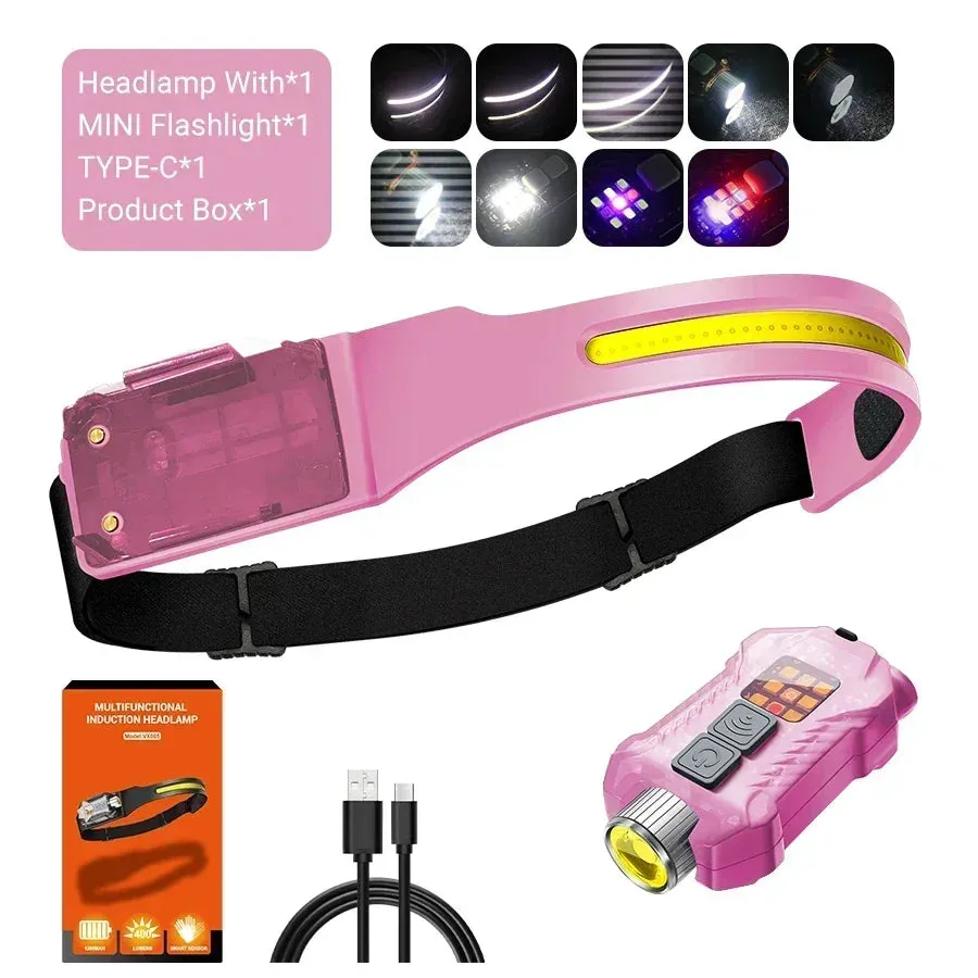 1500lm High Power LED Headlamp, USB Rechargeable COB Flashlight, 7500mAh Battery, Camping & Fishing Torch Lantern