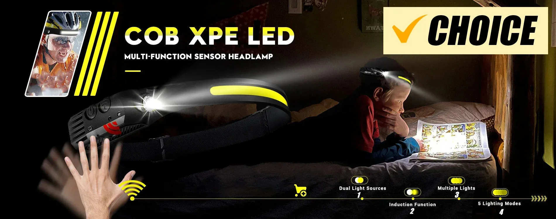 1500lm High Power LED Headlamp, USB Rechargeable COB Flashlight, 7500mAh Battery, Camping & Fishing Torch Lantern