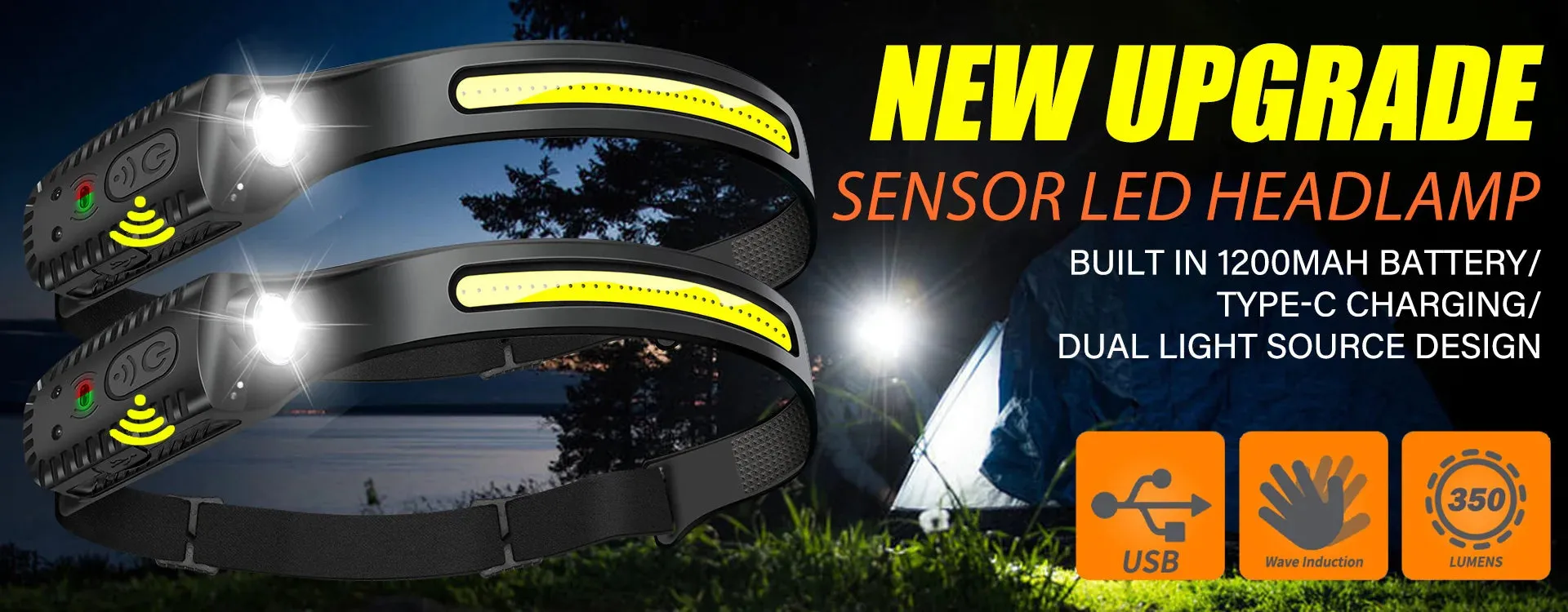 1500lm High Power LED Headlamp, USB Rechargeable COB Flashlight, 7500mAh Battery, Camping & Fishing Torch Lantern