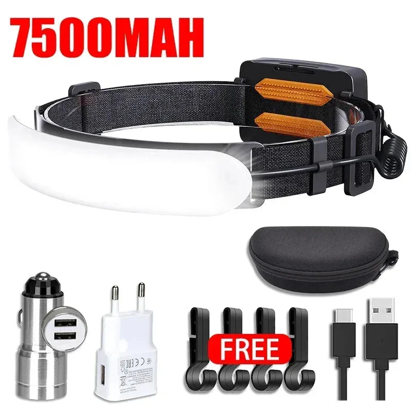 1500lm High Power LED Headlamp, USB Rechargeable COB Flashlight, 7500mAh Battery, Camping & Fishing Torch Lantern