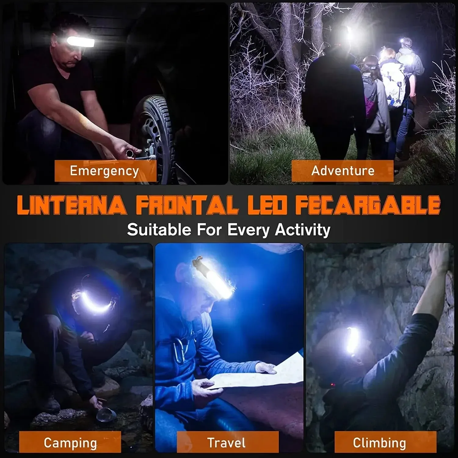1500lm High Power LED Headlamp, USB Rechargeable COB Flashlight, 7500mAh Battery, Camping & Fishing Torch Lantern