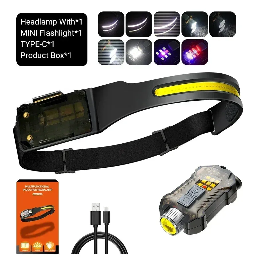 1500lm High Power LED Headlamp, USB Rechargeable COB Flashlight, 7500mAh Battery, Camping & Fishing Torch Lantern