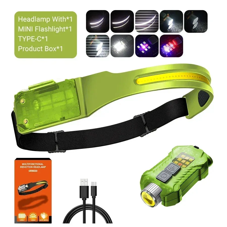 1500lm High Power LED Headlamp, USB Rechargeable COB Flashlight, 7500mAh Battery, Camping & Fishing Torch Lantern