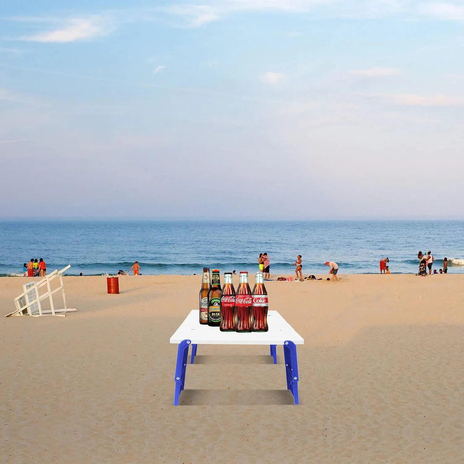 15.9"x14.2"x9.6" Large Portable Folding Beach Table for Sand Foldable Height Adjustable Side Table Desk for Camping Picnic BBQ with Carry Bag, Blue