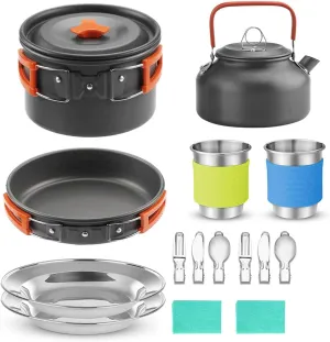 15pcs Camping Cookware Mess Kit, Large Size Hanging Pot Pan Kettle with Base Cook Set for 2, Cups Dishes Forks Spoons Kit for Outdoor Camping Hiking Picnic